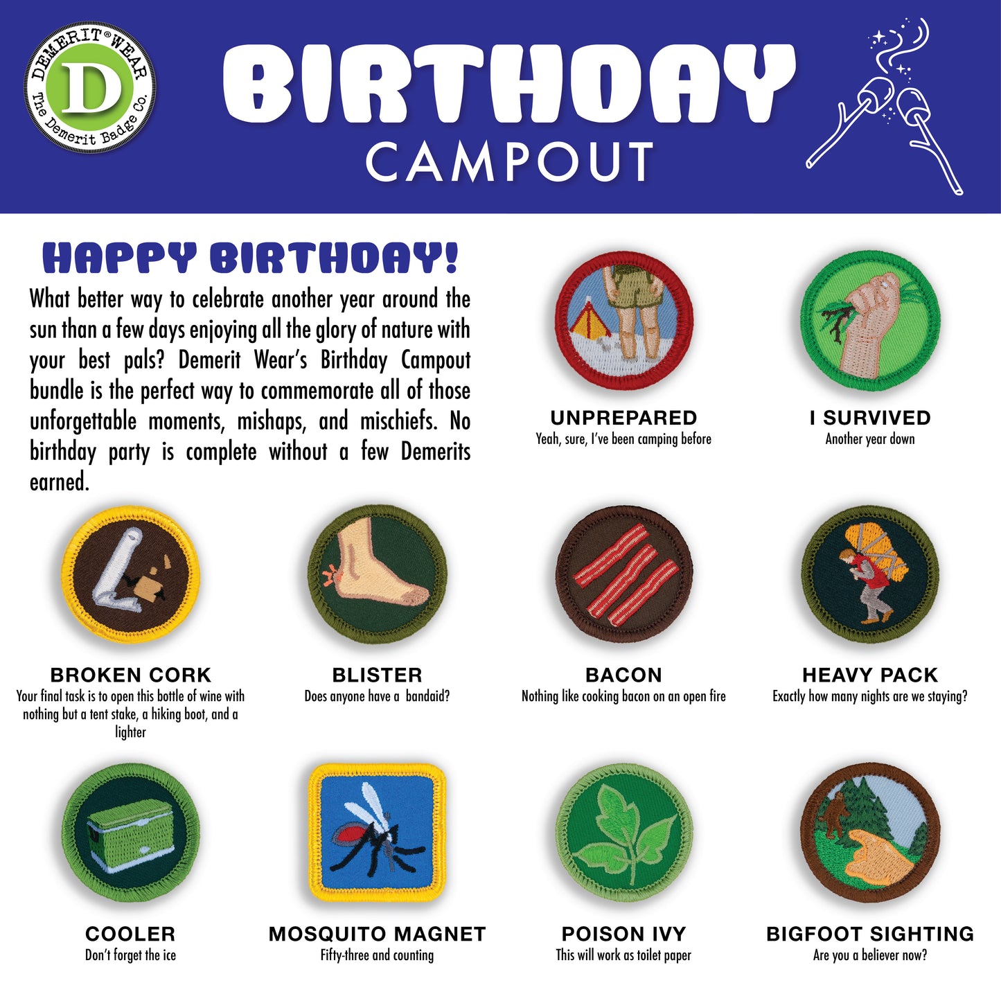 Campout Birthday Demerit Badge - iron-on, velcro, adhesive patches