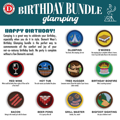 Glamping Birthday Demerit Badges - velcro, iron-on, adhesive patches