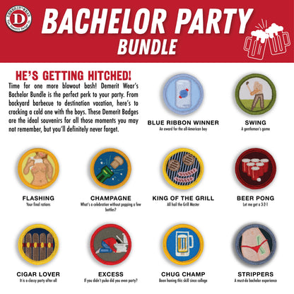 Bachelor Party Demerit Badges - iron-on, velcro, adhesive patches