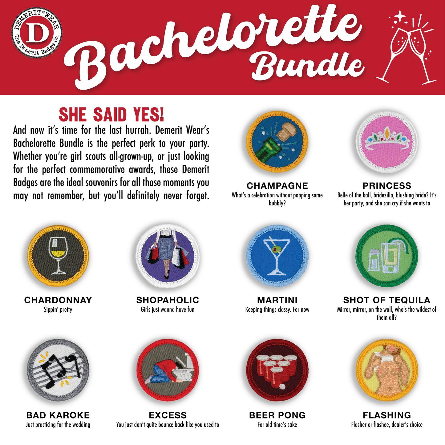 Bachelorette Party Demerit Badges - iron-on, velcro, adhesive patches