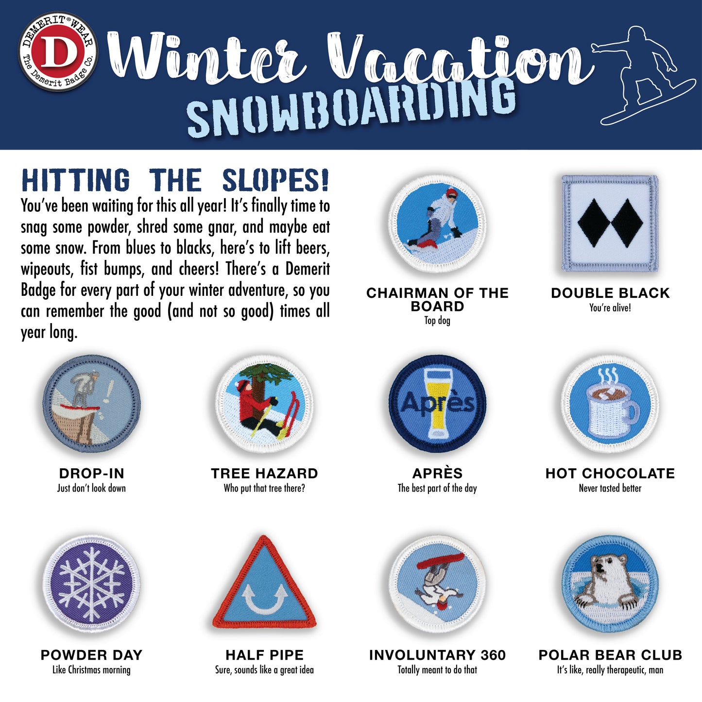 Winter Snowboard Demerit Badges - iron-on, velcro, adhesive patches