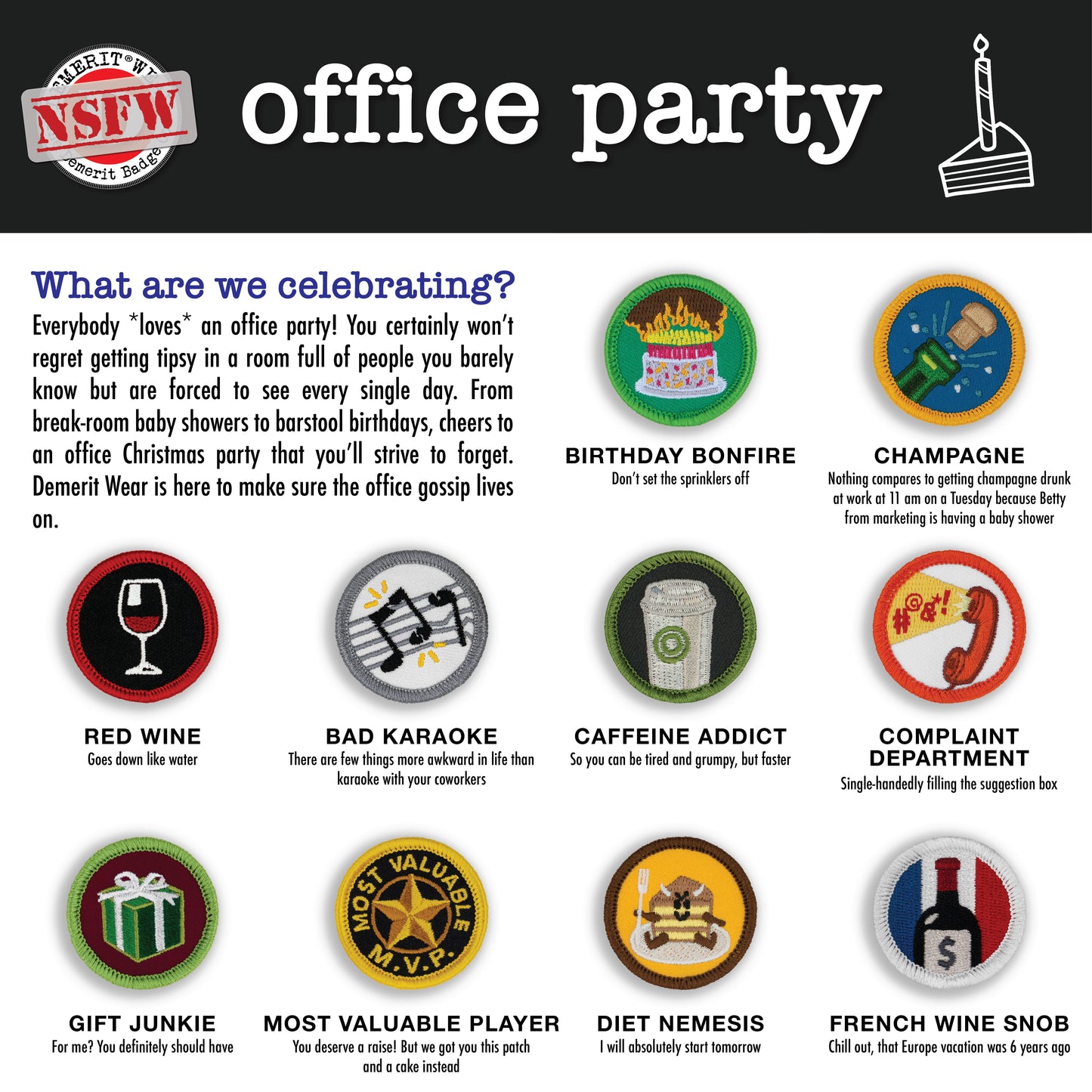 Office Party Demerit Badge Bundle - iron-on, velcro, adhesive patches