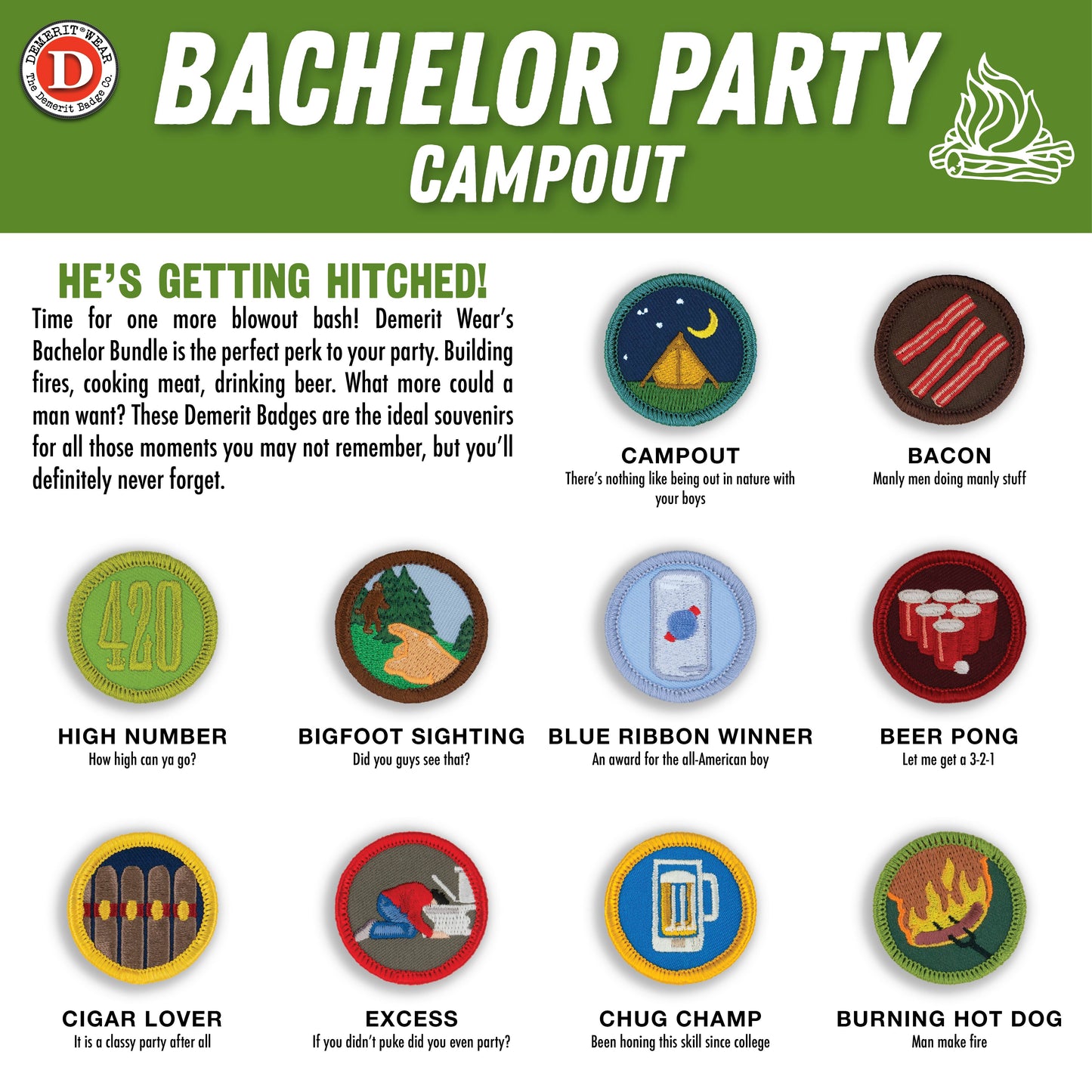Bachelor Party Campout Demerit Badges - iron-on, velcro, adhesive patches