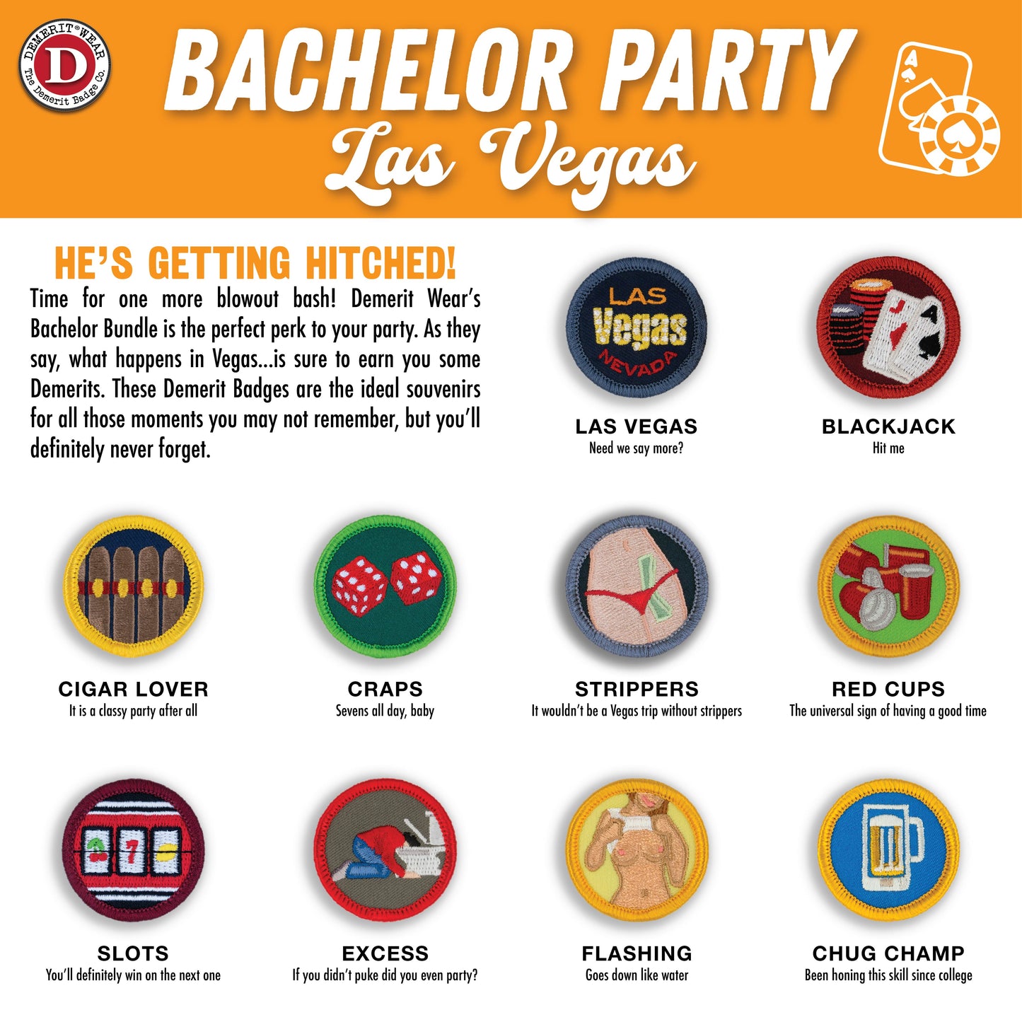 Bachelor Party Vegas Demerit Badges - iron-on, velcro, adhesive patches