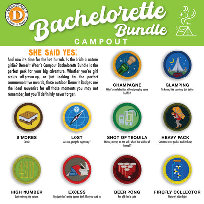 Bachelorette Campout Demerit Badges - iron-on, velcro, adhesive patches