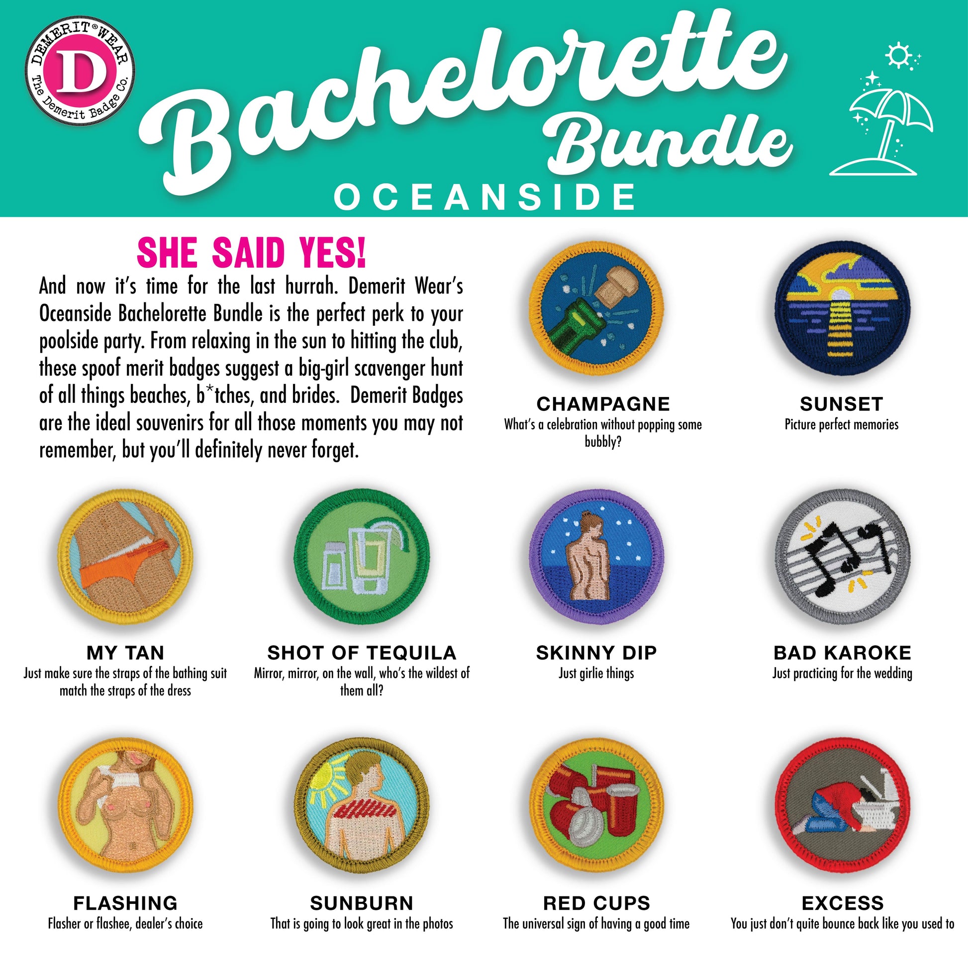 Bachelorette Beach Demerit Badges - iron-on, velcro, adhesive patches